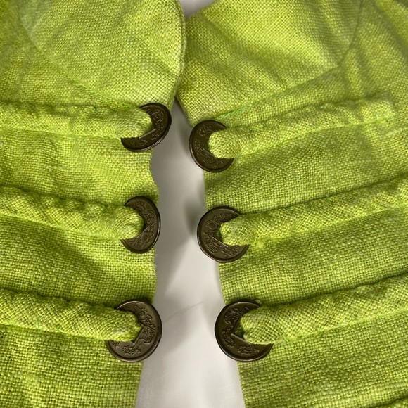 Peacock Ways 100% Linen Blazer Asian Coin Trim Jacket Pockets Lime Green/Black - Picture 11 of 11